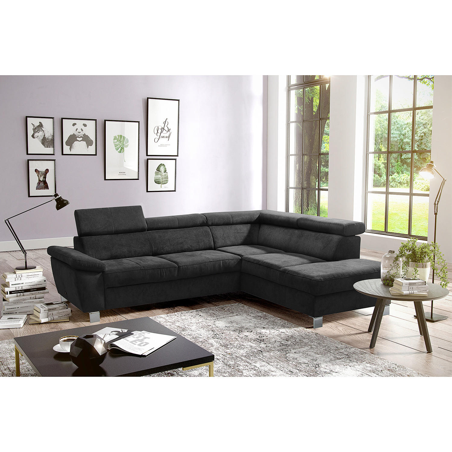 ECKSOFA Schwarz Mikrofaser  - Chromfarben/Schwarz, Design, Textil/Metall (248/208cm) - Livetastic