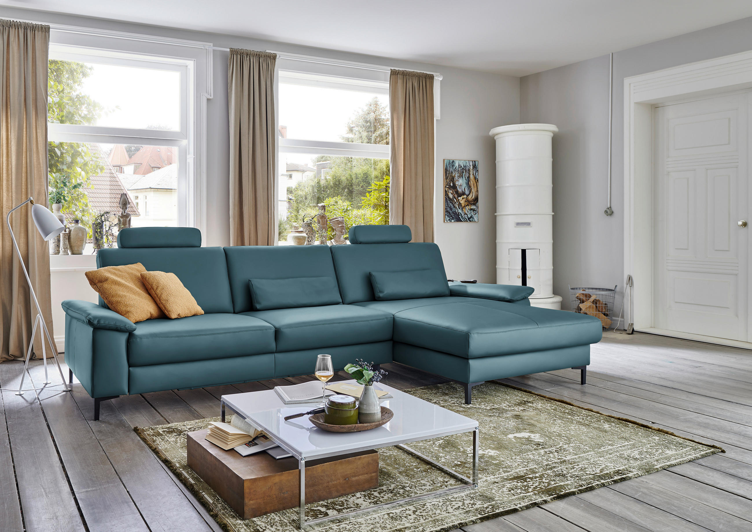ECKSOFA in Echtleder Blau  - Blau/Schwarz, Design, Leder/Metall (334/176cm) - Dieter Knoll