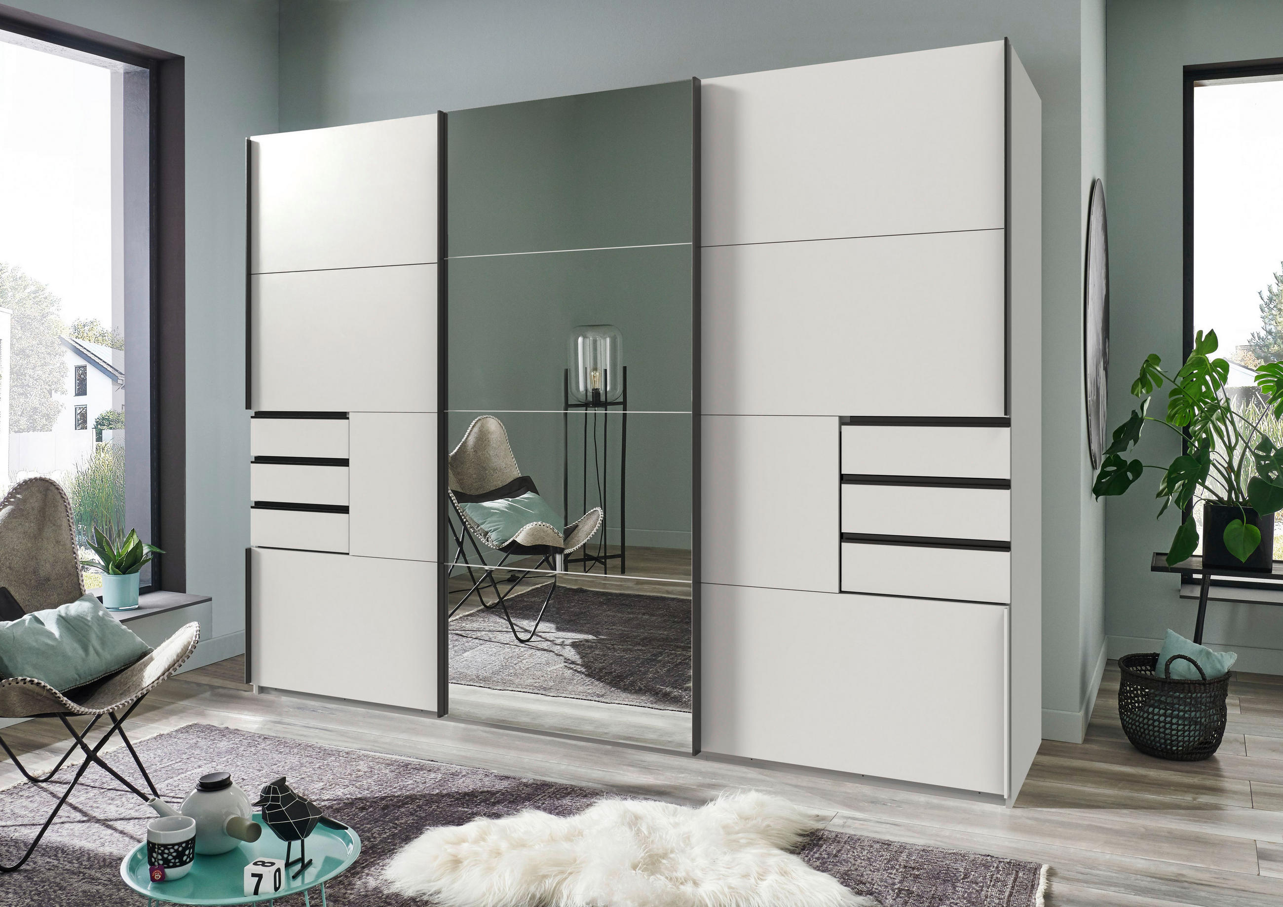 SCHWEBETÜRENSCHRANK 270/210/64 cm 3-türig Weiß  - Schwarz/Weiß, MODERN, Glas/Holzwerkstoff (270/210/64cm) - MID.YOU