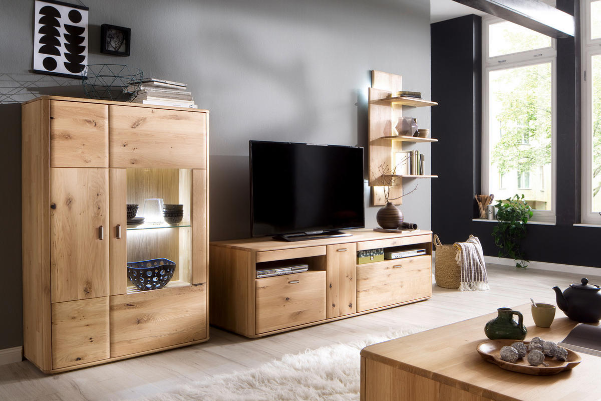 HIGHBOARD ohne Beleuchtung,  in 96/140/38 cm  - Eichefarben/Silberfarben, Design, Glas/Holz (96/140/38cm) - Livetastic