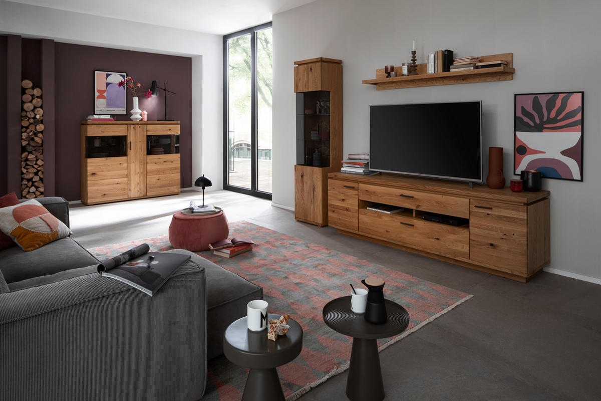 WOHNWAND 3-teilig  in Grau, Eichefarben  275/204/50 cm  - Eichefarben/Anthrazit, Natur, Glas/Holz (275/204/50cm) - Linea Natura