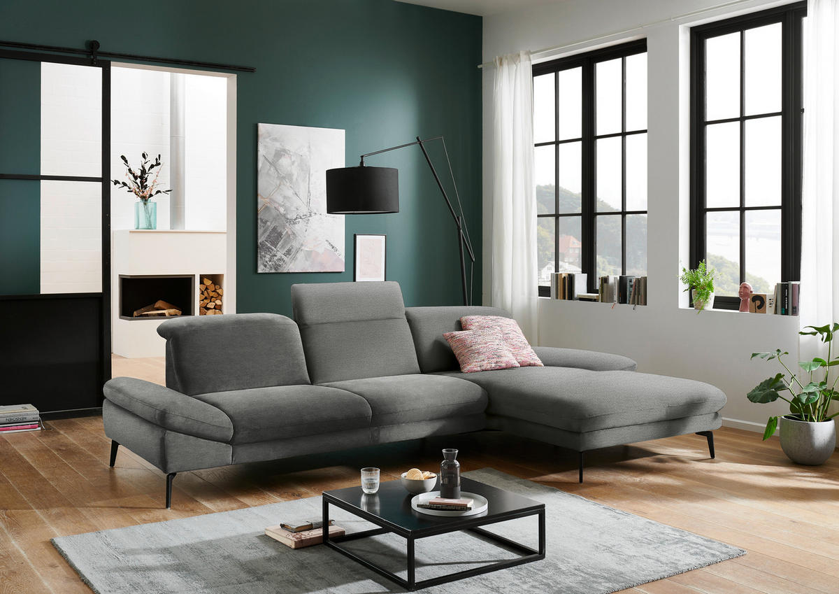 ECKSOFA in Chenille Grau  - Schwarz/Grau, Design, Textil/Metall (319/188cm) - Beldomo System
