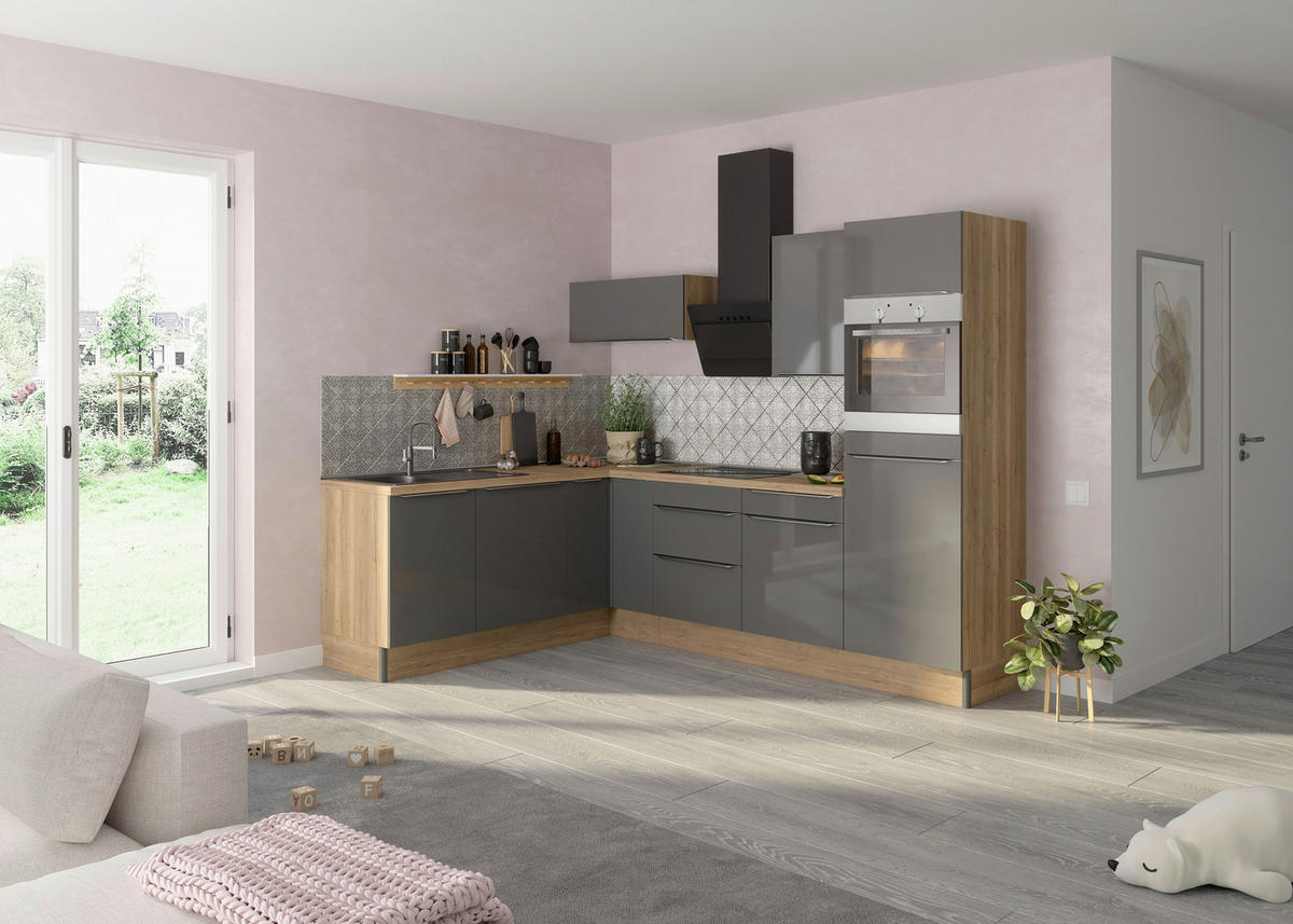 ECKKÜCHE 200/270 cm  in Anthrazit, Eichefarben  - Edelstahlfarben/Eichefarben, Basics, Holzwerkstoff/Metall (200/270cm) - Optifit