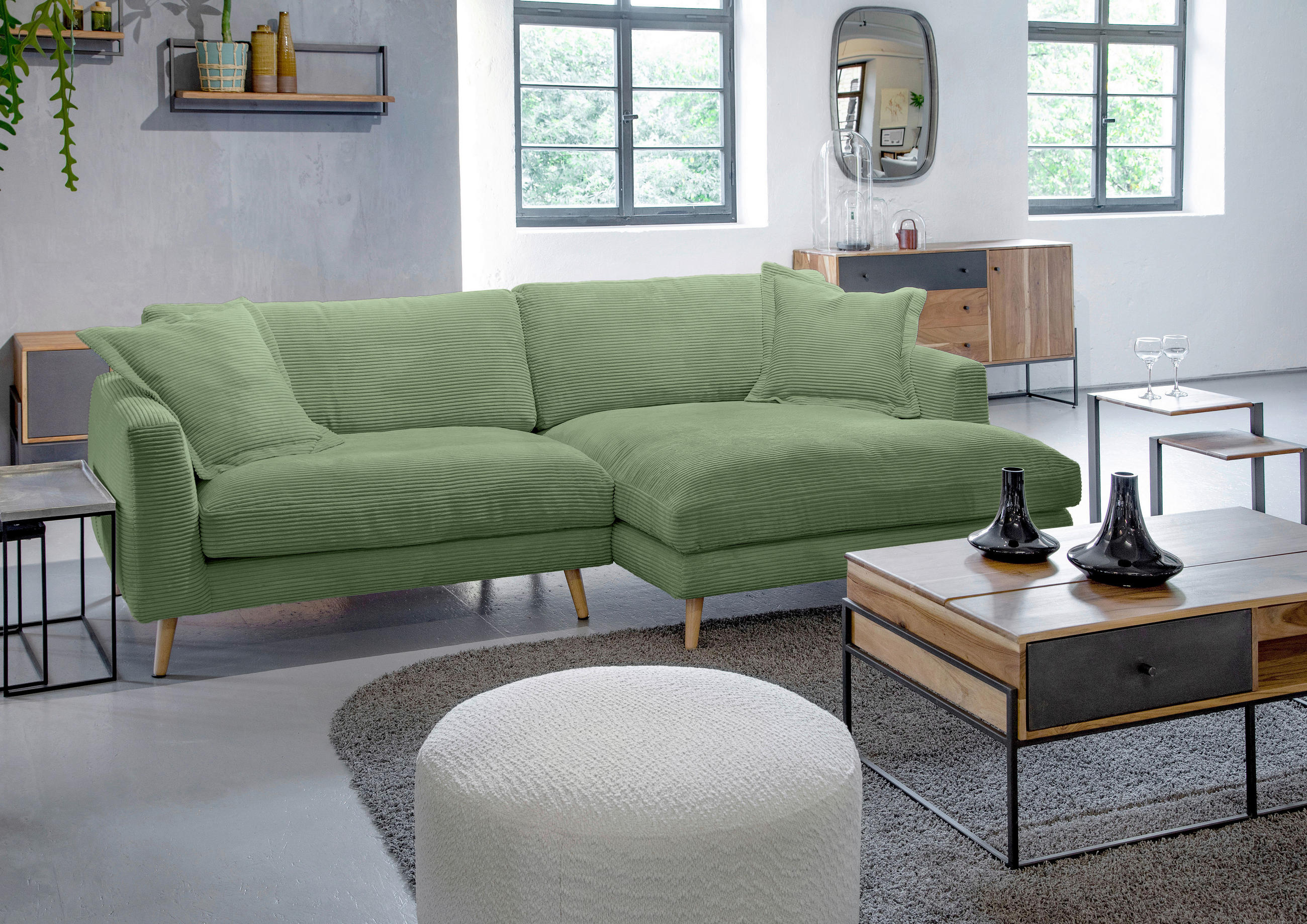 ECKSOFA in Cord Olivgrün - Naturfarben/Olivgrün, Romantik / Landhaus, Holz/Textil (270/140cm) - Landscape