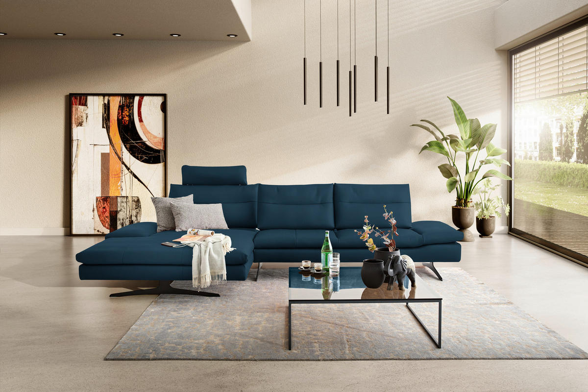 ECKSOFA  in Echtleder Blau  158/342 cm  - Blau/Schwarz, MODERN, Leder/Metall (158/342cm) - Chilliano