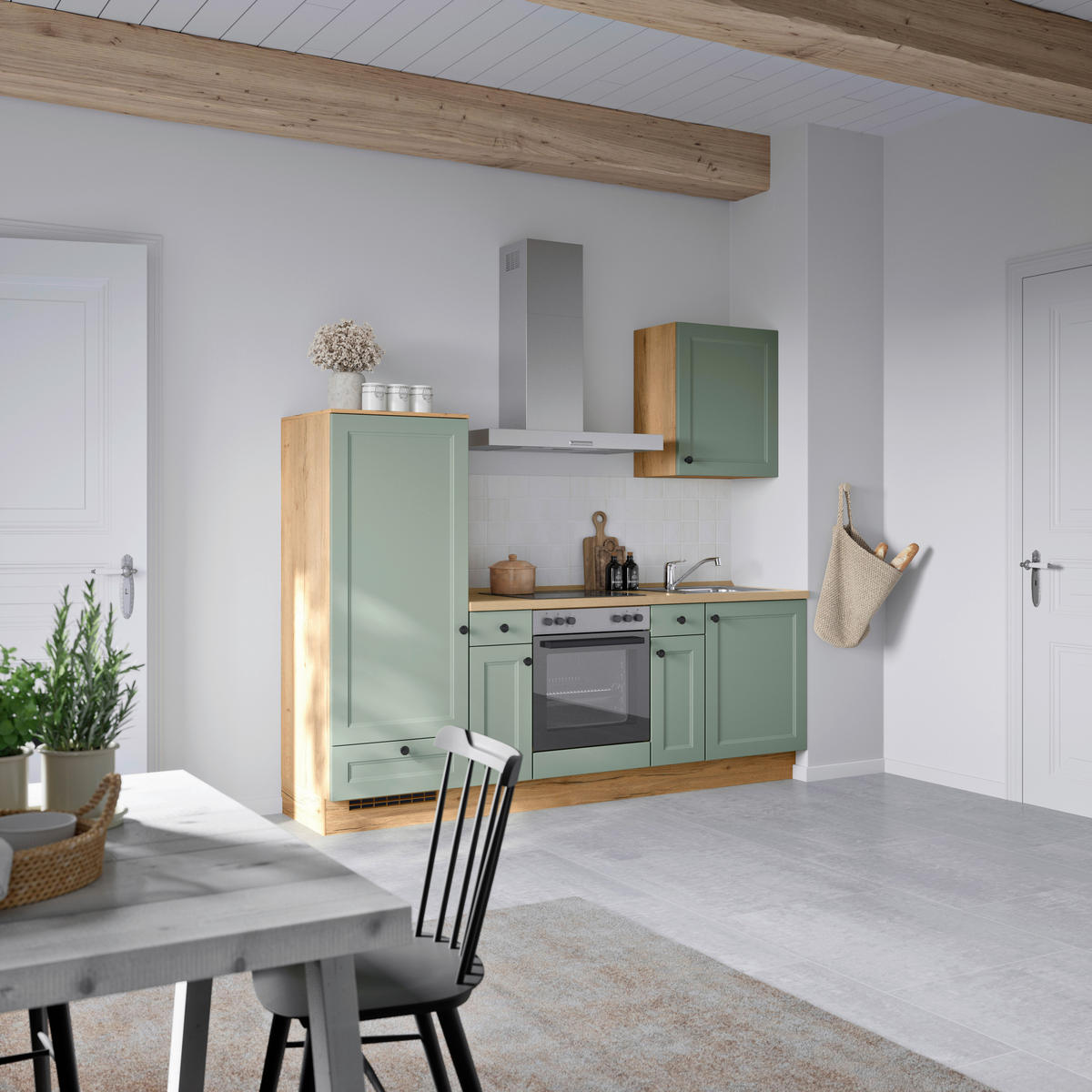 KÜCHENBLOCK Cascada 240 cm  in Grün, Eichefarben  - Eichefarben/Schwarz, MODERN, Holzwerkstoff/Metall (240cm) - Nobilia