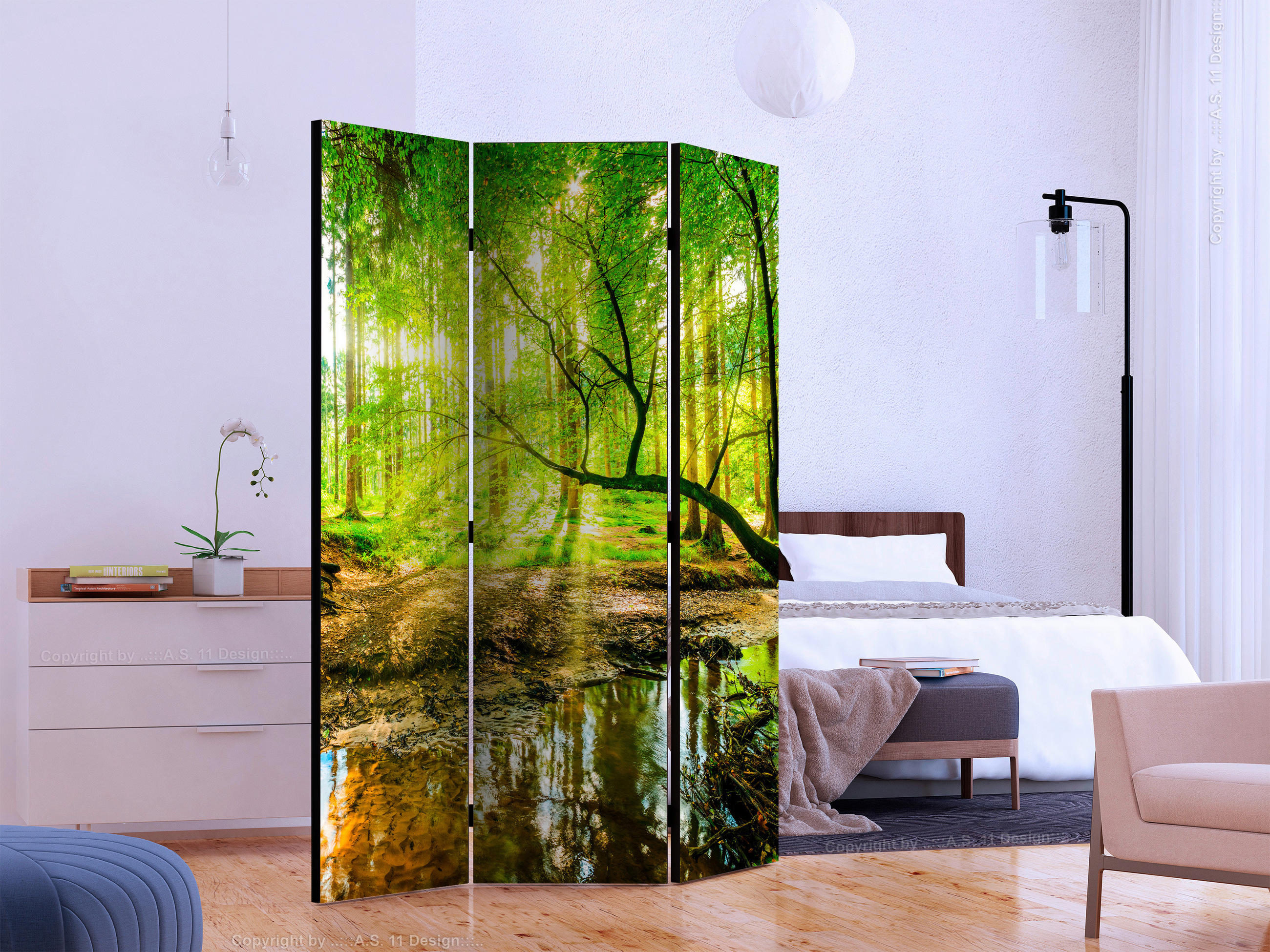 PARAVENT mit 3  Flügel - Gelb/Grün, Basics, Holz/Textil (135/172/3cm) - artgeist