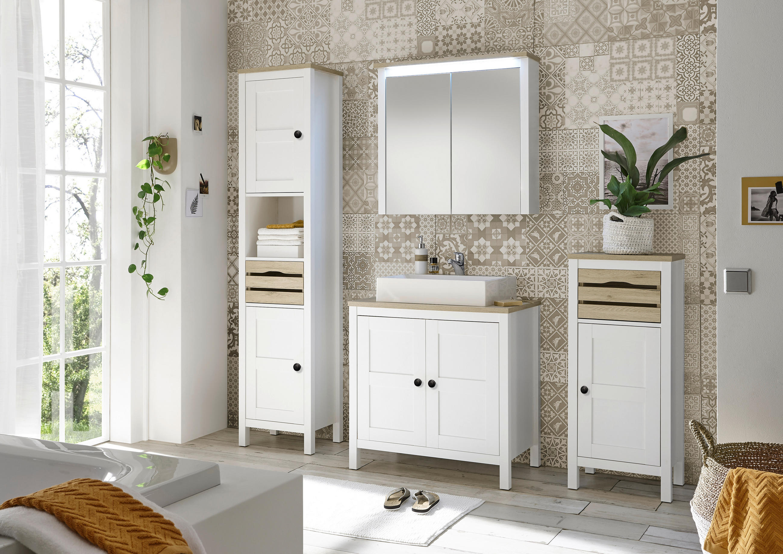 DULAP CU OGLINDĂ 80/80/20 cm  - alb/stejar San Remo, Romantik / Landhaus, sticlă/material pe bază de lemn (80/80/20cm) - Xora