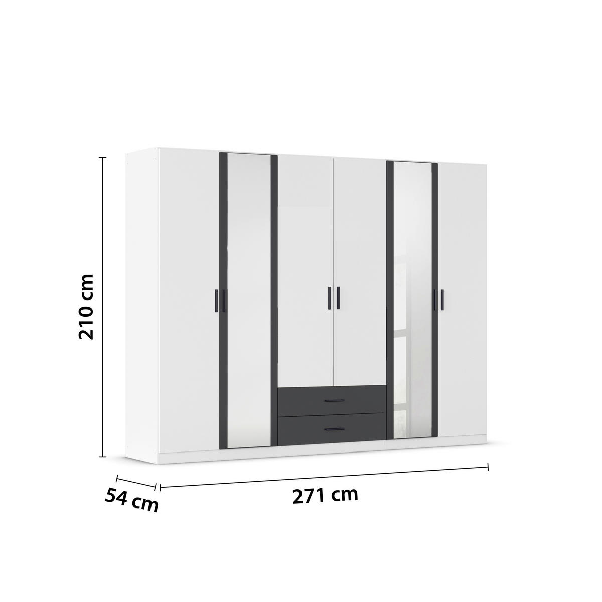 KLEIDERSCHRANK 271/210/54 cm,  in Grau, Weiß, 6-türig  - Weiß/Grau, KONVENTIONELL, Holzwerkstoff/Kunststoff (271/210/54cm) - Rauch Möbel