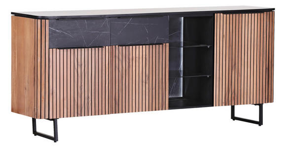 SIDEBOARD furniert Schwarz, Naturfarben, Akaziefarben Beleuchtung, Einlegeböden  - Schwarz/Naturfarben, LIFESTYLE, Glas/Holzwerkstoff (180/80/42cm) - Landscape