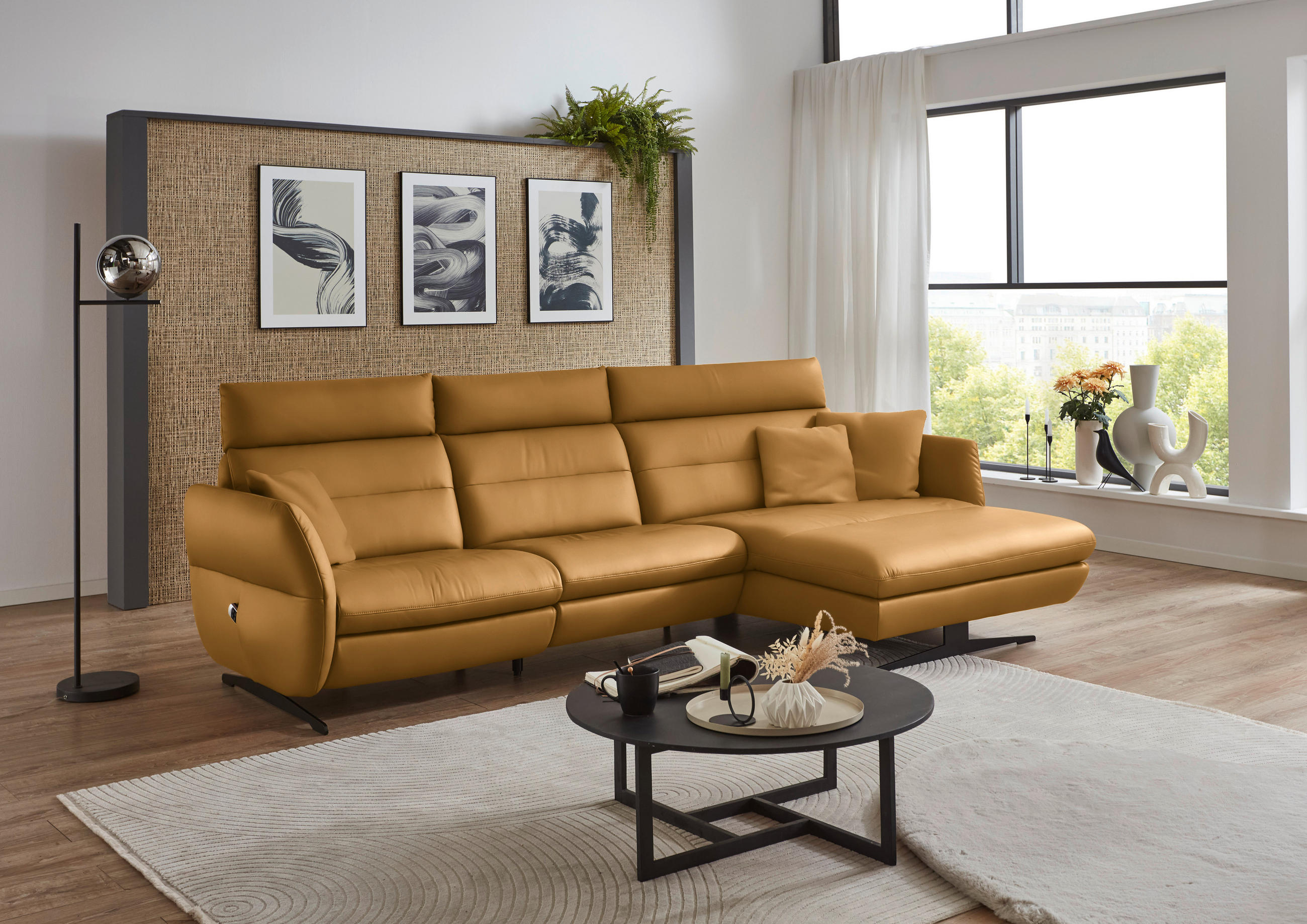 ECKSOFA in Echtleder Currygelb  - Currygelb/Schwarz, Design, Leder/Metall (300/157cm) - Dieter Knoll