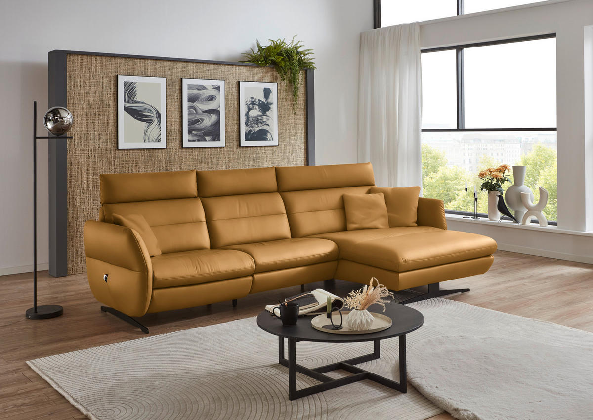 ECKSOFA in Echtleder Currygelb  - Currygelb/Schwarz, Design, Leder/Metall (300/157cm) - Dieter Knoll