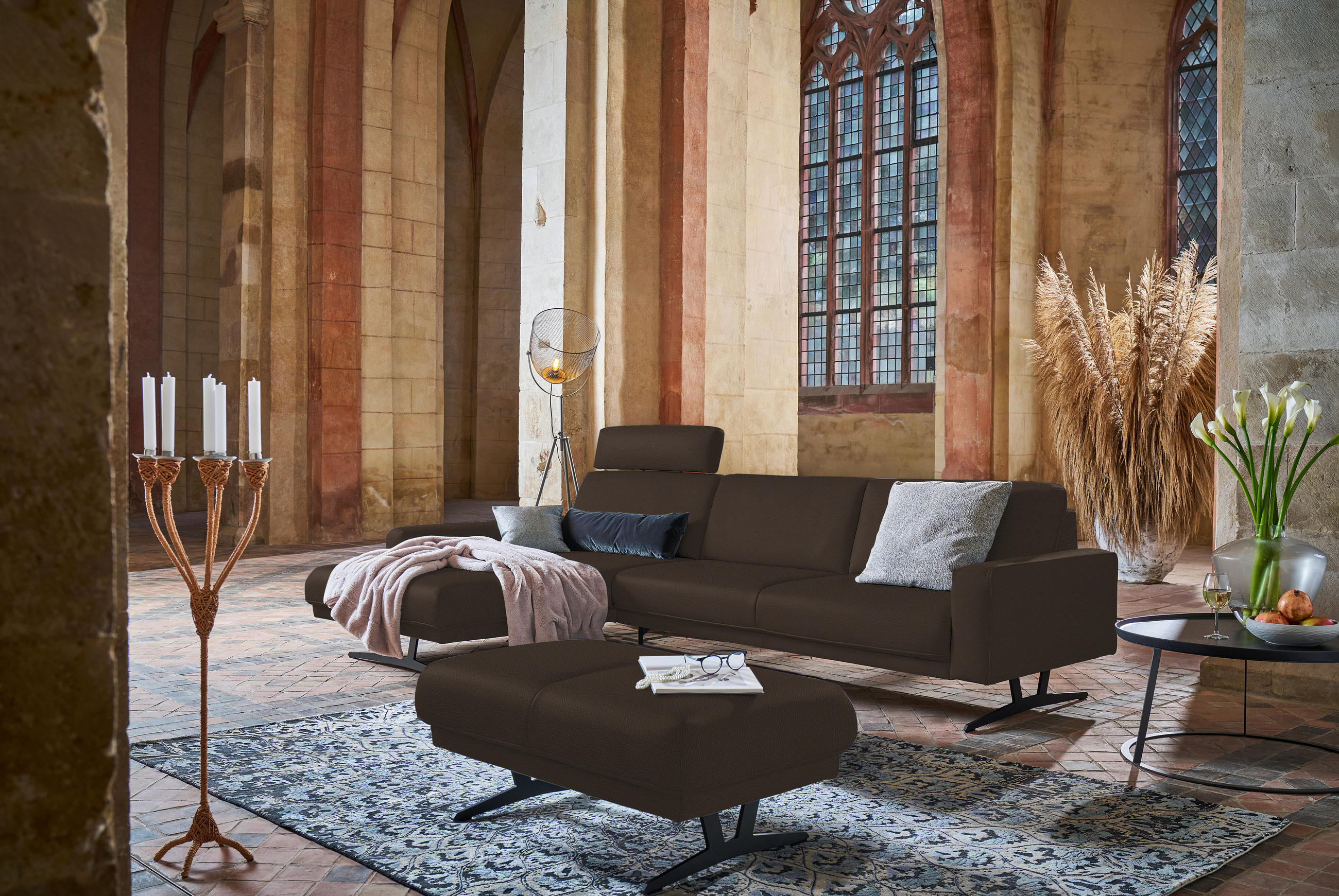 ECKSOFA in Echtleder Dunkelbraun  - Anthrazit/Dunkelbraun, Konventionell, Leder/Metall (179/324cm) - Johann Jakob