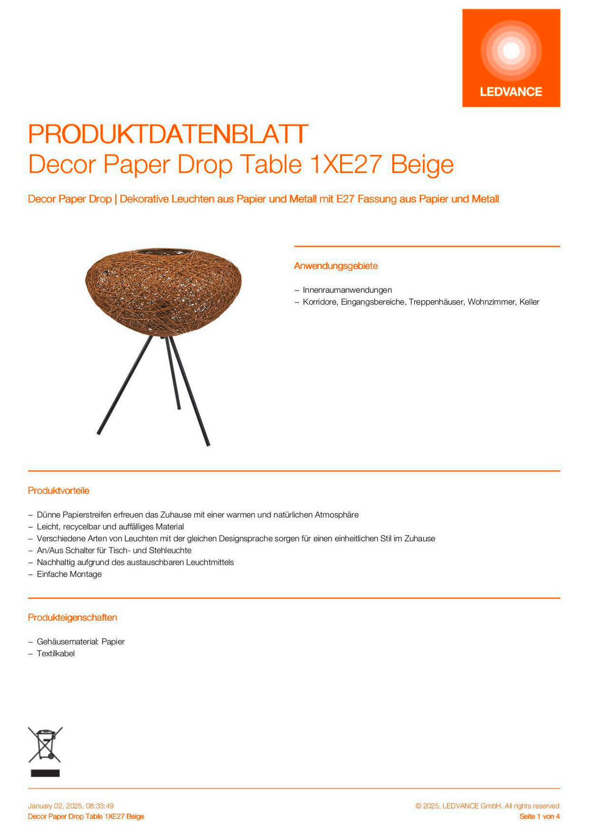 TISCHLEUCHTE 39,5/47,6 cm   - Beige, Natur, Papier/Metall (39,5/47,6cm) - Ledvance