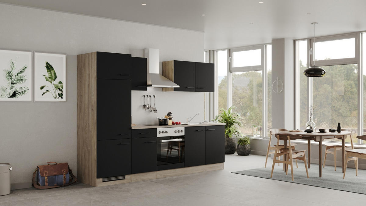 KÜCHENBLOCK 270 cm   in Schwarz, Eichefarben  - Eichefarben/Schwarz, MODERN, Holzwerkstoff/Metall (270cm) - FlexWell