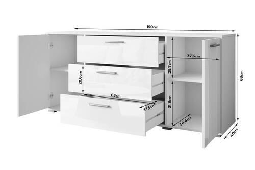 Thumbnail - Mid.you Sideboard Bogota, Weiß, Weiß Hochglanz, Kunststoff, 4 Fächer, 3 Schubladen, 150x68x40 cm, Fsc, stehend, Wohnzimm...