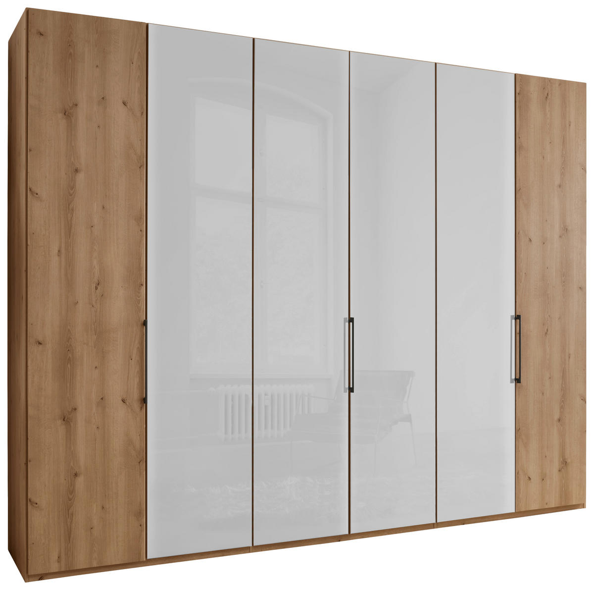 DREHTÜRENSCHRANK 300/216/58 cm,  in Weiß, Eiche Bianco, 6-türig  - Schieferfarben/Eiche Bianco, KONVENTIONELL, Glas/Holzwerkstoff (300/216/58cm) - Dieter Knoll