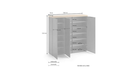 SCHUHSCHRANK 120/115/34 cm  - Eichefarben/Anthrazit, Design (120/115/34cm) - Xora