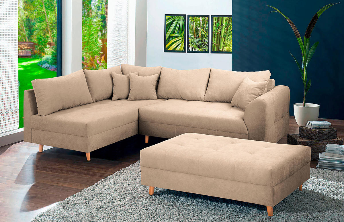 ECKSOFA inkl. Hocker Ariella Creme Mikrofaser  - Creme/Naturfarben, Design, Holz/Textil (161/231cm) - Livetastic