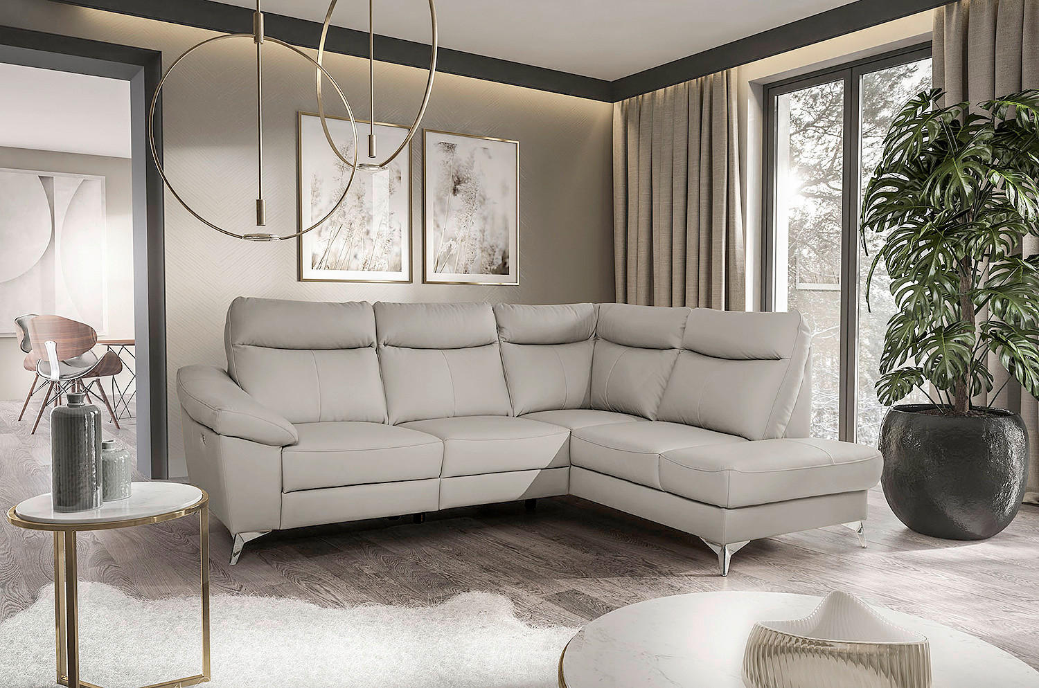 ECKSOFA Platinfarben Echtleder Lederlook  - Platinfarben/Chromfarben, Design, Leder/Textil (242/194cm) - Livetastic