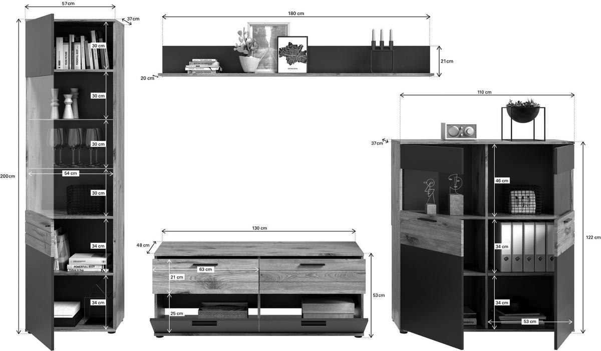 WOHNWAND  in Grau  327/200/44 cm  - Schwarz/Grau, KONVENTIONELL, Glas/Holzwerkstoff (327/200/44cm) - MID.YOU