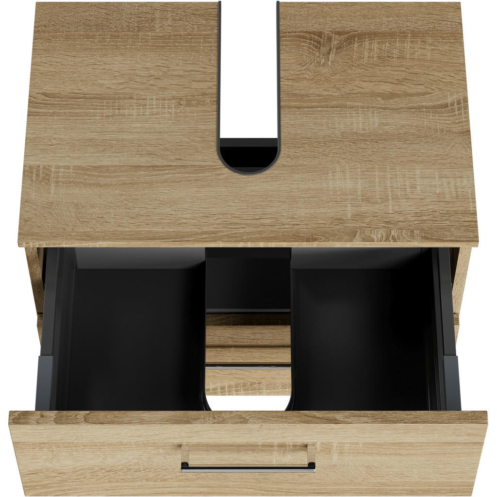 Thumbnail - Sadena Waschbeckenunterschrank M-Plan, Eiche Bianco, Metall, 2 Schubladen, 60x49.8x38.3 cm, Goldenes M, Made in Germany,...