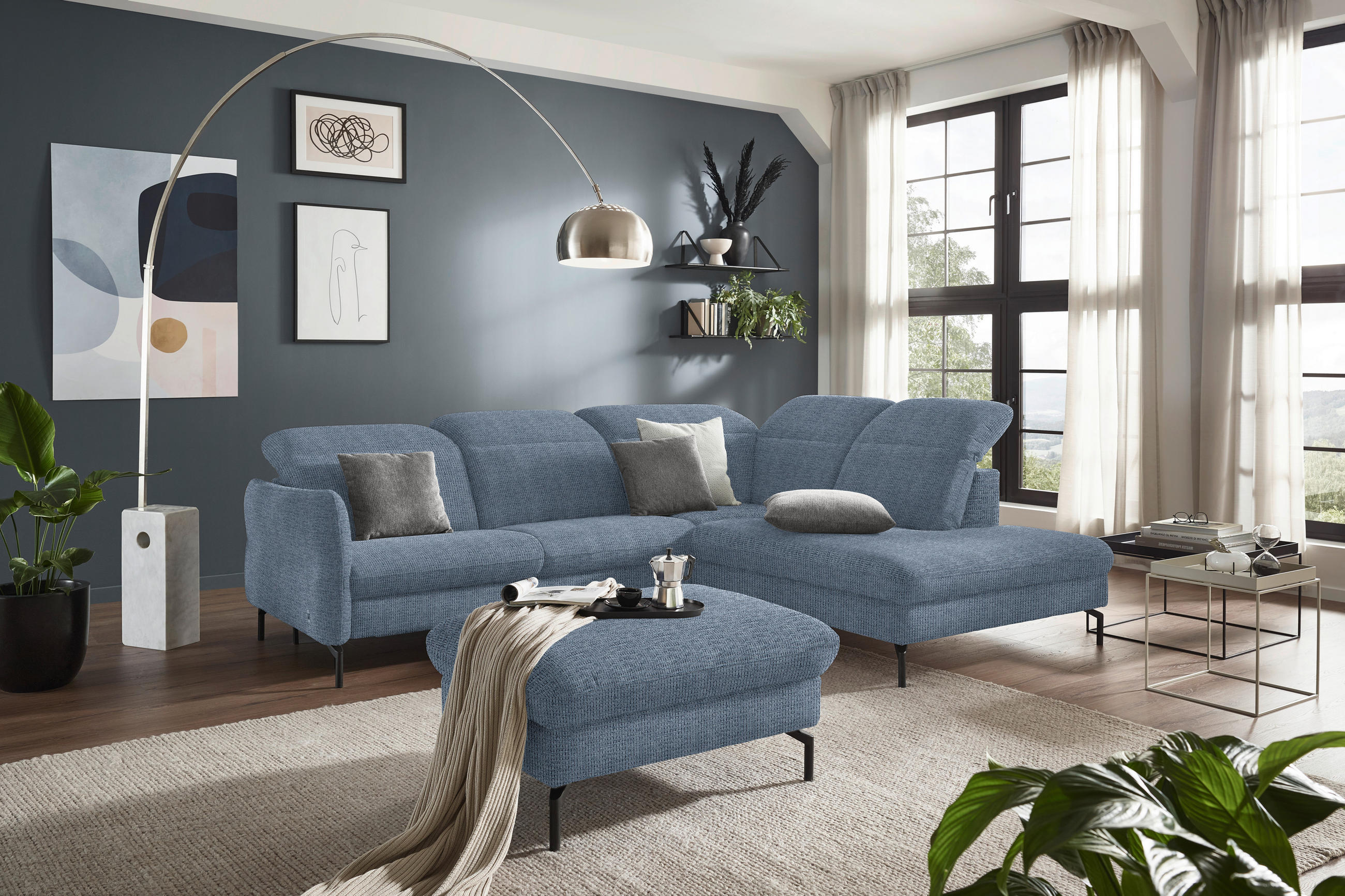 ECKSOFA in Flachgewebe Blau  - Blau/Schwarz, Design, Textil/Metall (299-313/233cm) - Dieter Knoll
