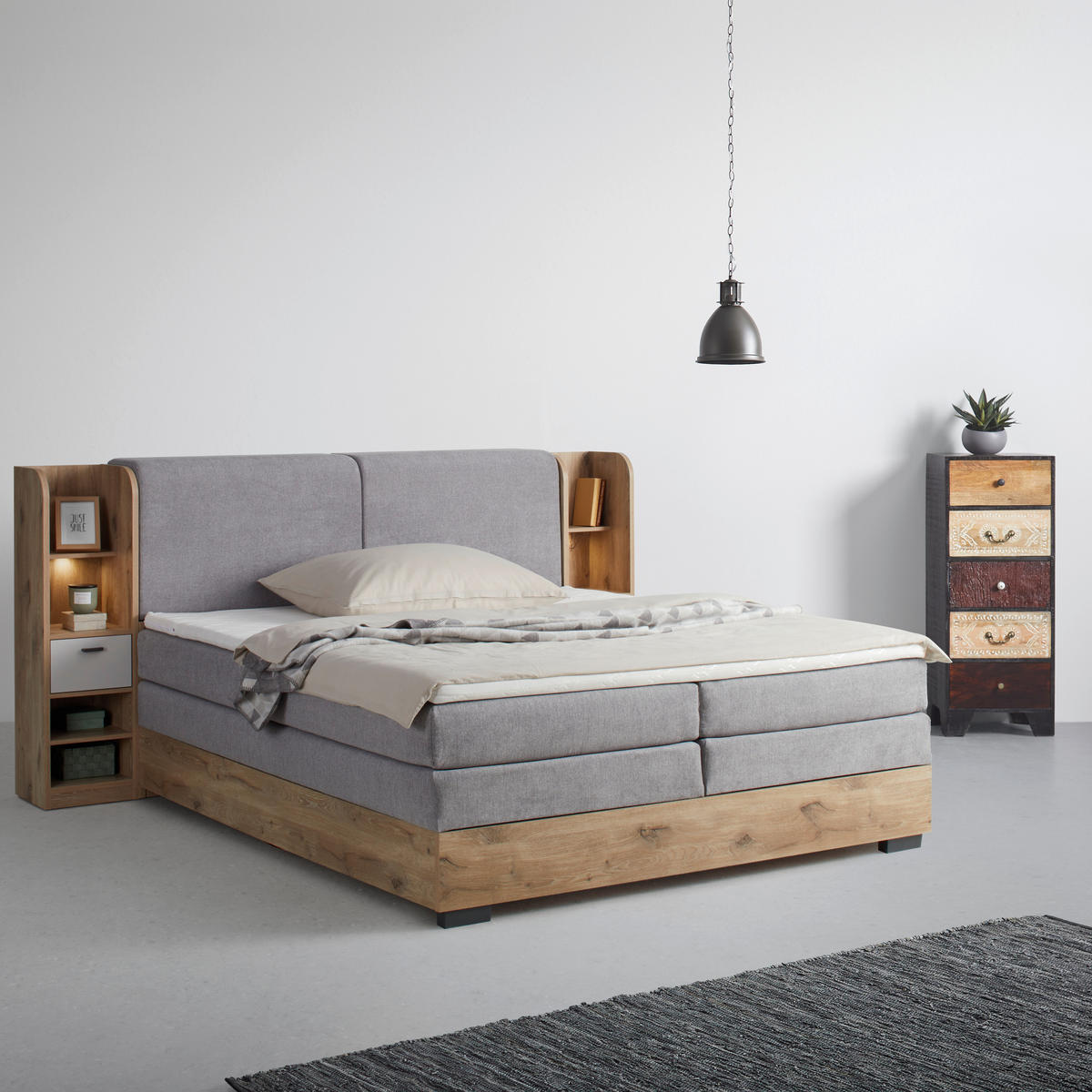 POSTELJA BOXSPRING 180 cm   x 200 cm  , leseni material barve hrasta, svetlo siva  - barve hrasta/barve grafita, Trendi, umetna masa/tekstil (180/200cm) - Xora