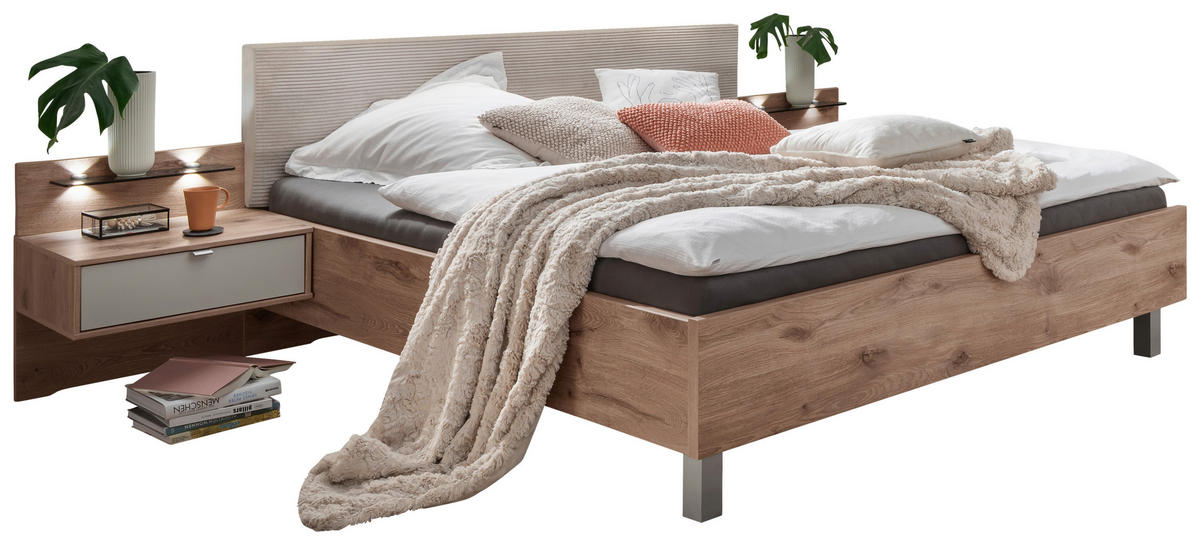 BETTANLAGE 180/200 cm  in Creme, Eichefarben, Hellgrau  - Eichefarben/Creme, Natur, Holzwerkstoff/Textil (180/200cm) - Venda