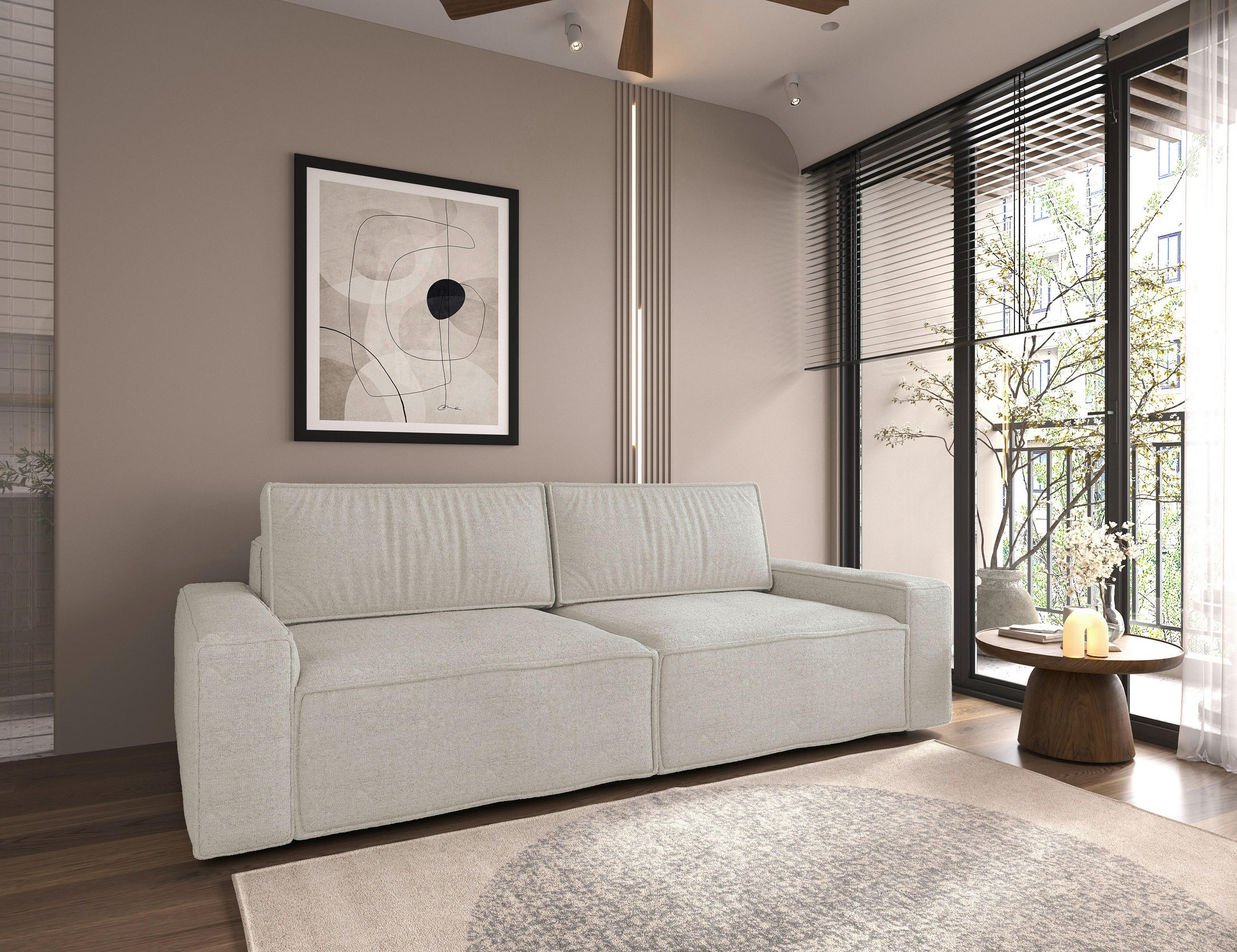 SCHLAFSOFA in Bouclé Creme  - Creme/Schwarz, Design, Kunststoff/Textil (250/83/115cm) - Ambia Home