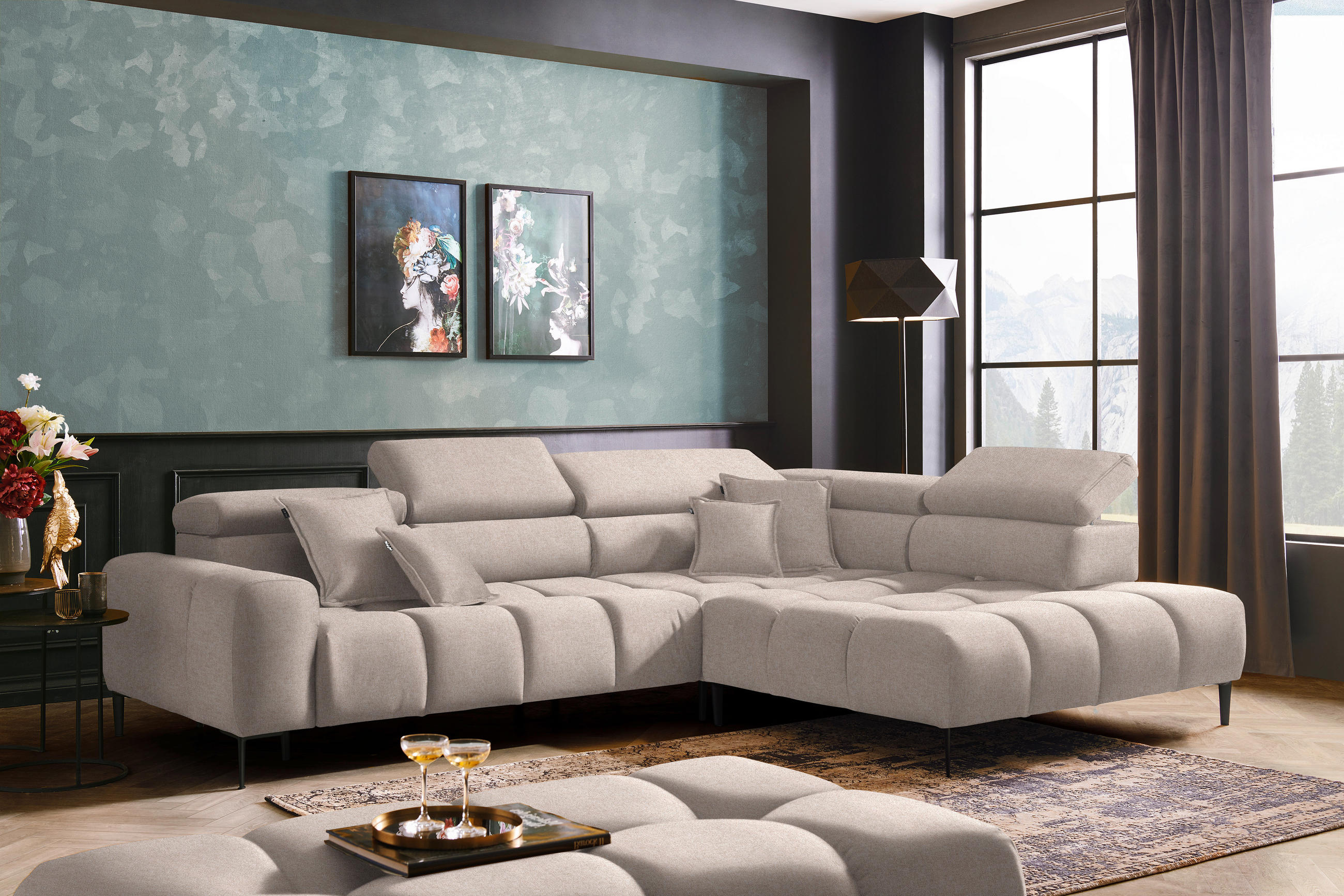 ECKSOFA Beige Webstoff  - Currygelb/Beige, Design, Textil/Metall (300/216cm) - Welnova