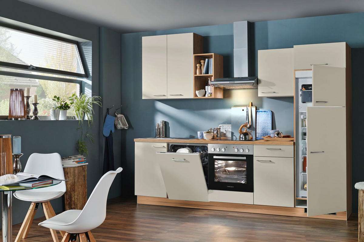 KÜCHENBLOCK 280 cm   in Eichefarben, Hellgrau  - Chromfarben/Eichefarben, KONVENTIONELL, Holzwerkstoff/Metall (280cm) - Welnova