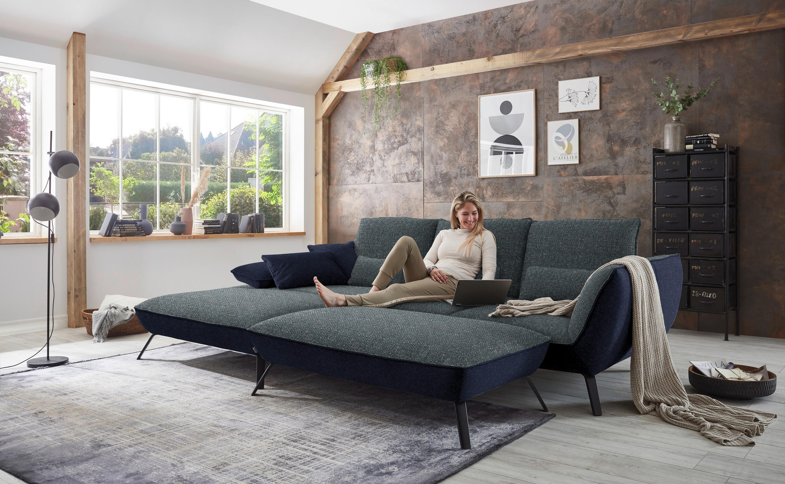 ECKSOFA in Flachgewebe Blaugrau  - Blaugrau/Schwarz, Design, Textil/Metall (191/301cm) - Moderano