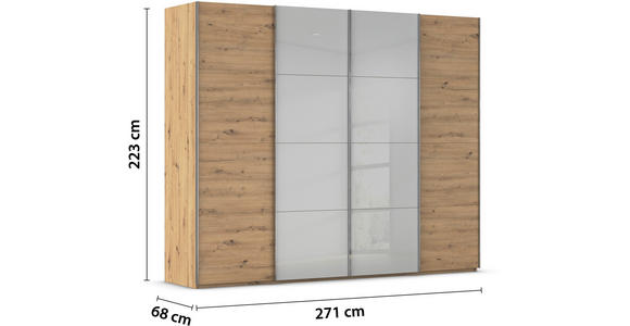 SCHWEBETÜRENSCHRANK 271/223/68 cm 4-türig Grau, Eiche Artisan  - Chromfarben/Eiche Artisan, KONVENTIONELL, Glas/Holzwerkstoff (271/223/68cm) - Novel