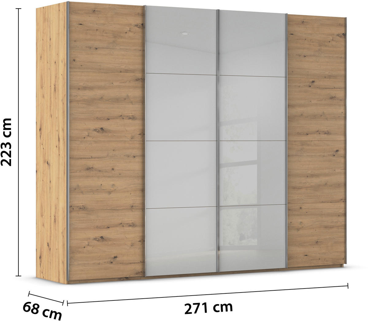 SCHWEBETÜRENSCHRANK 271/223/68 cm 4-türig Grau, Eiche Artisan  - Chromfarben/Eiche Artisan, KONVENTIONELL, Glas/Holzwerkstoff (271/223/68cm) - Novel