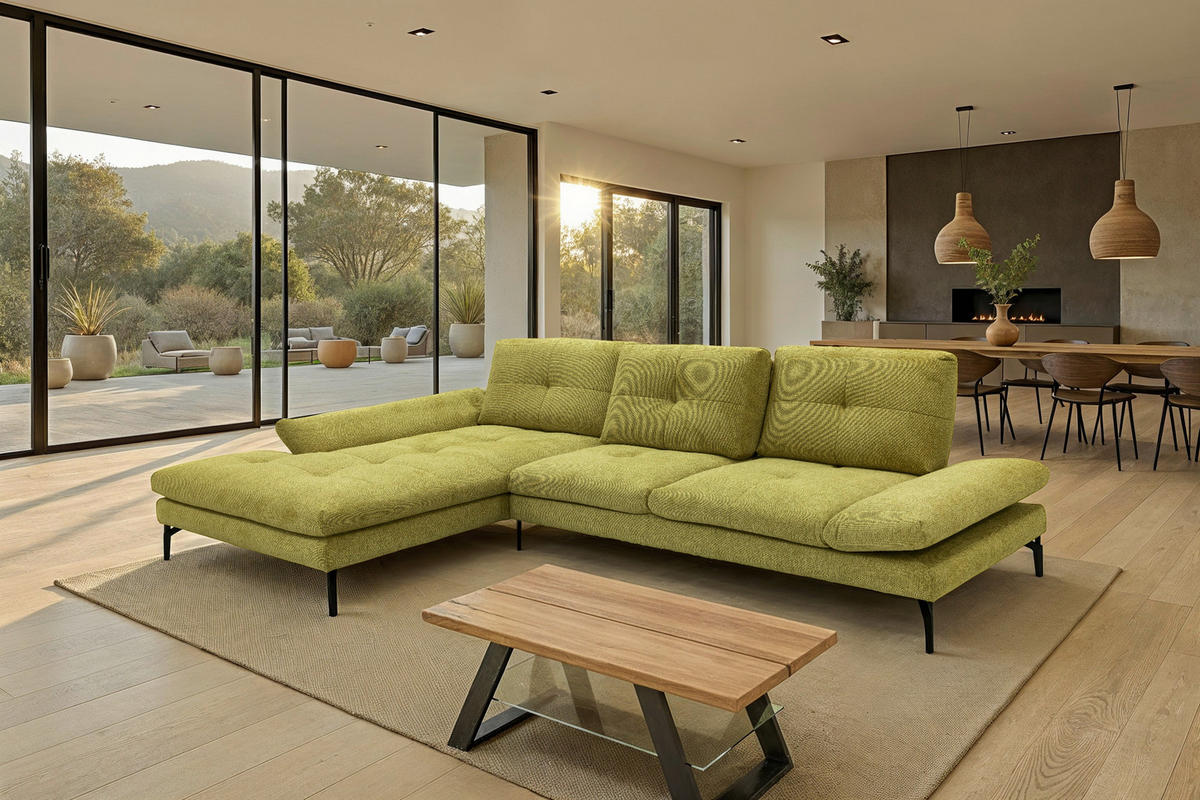 ECKSOFA Hellgelb Struktur Rücken echt  - Hellgelb/Schwarz, Design, Textil/Metall (203/340cm) - Chilliano