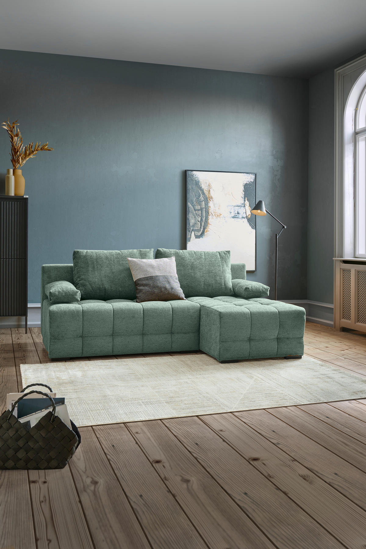 ECKSOFA Dunkelgrün Chenille  - Dunkelgrün/Schwarz, MODERN, Kunststoff/Textil (204/145cm) - home24