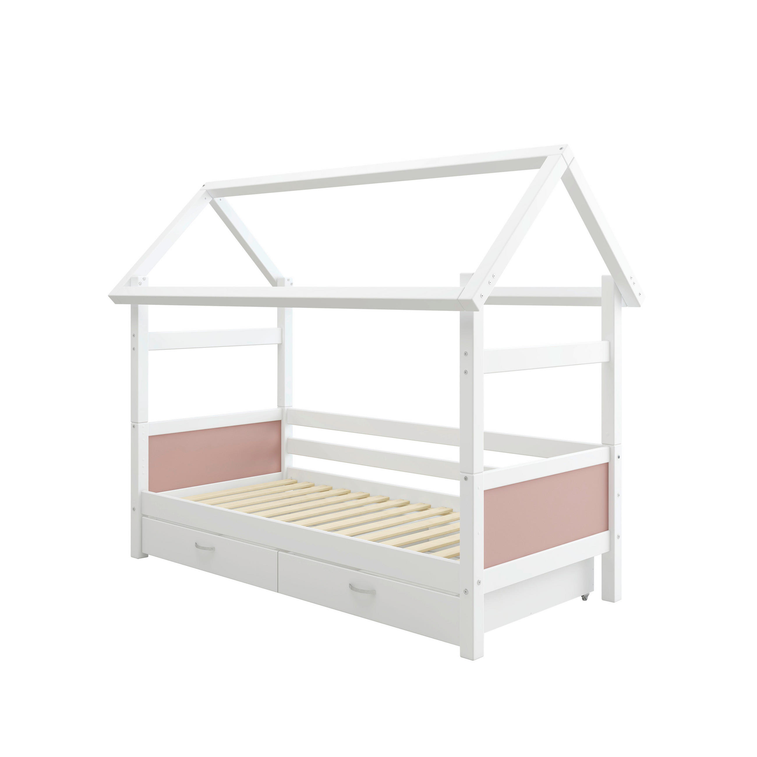 HAUSBETT 90/200 cm,  in Rosa, Weiß, Rollrost, Bettschublade  - Rosa/Weiß, MODERN, Holz (90/200cm) - Chameo