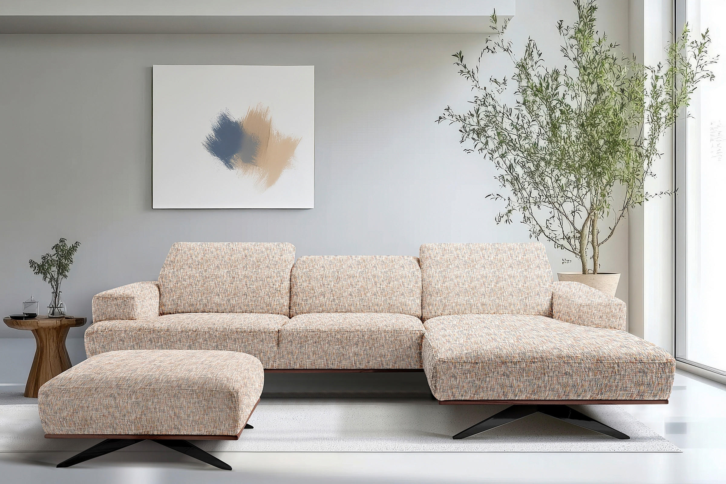 ECKSOFA PORTLAND in Struktur Blau, Gelb, Rot, Weiß Kopfteilverstellung  295/187 cm  - Blau/Gelb, Design, Holz/Textil (295/187cm) - Livetastic