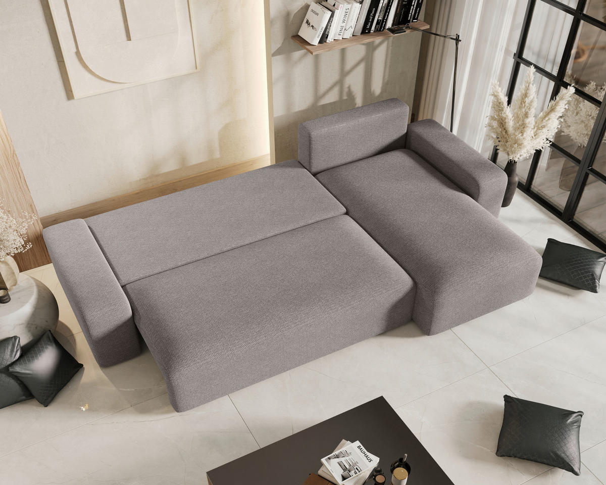 ECKSOFA Hellgrau Bouclé Zierkissen, Rückenkissen, Bettkasten, Schlaffunktion, Rücken echt, Stauraum  - Hellgrau/Schwarz, MODERN, Kunststoff/Textil (248/143cm) - Xora