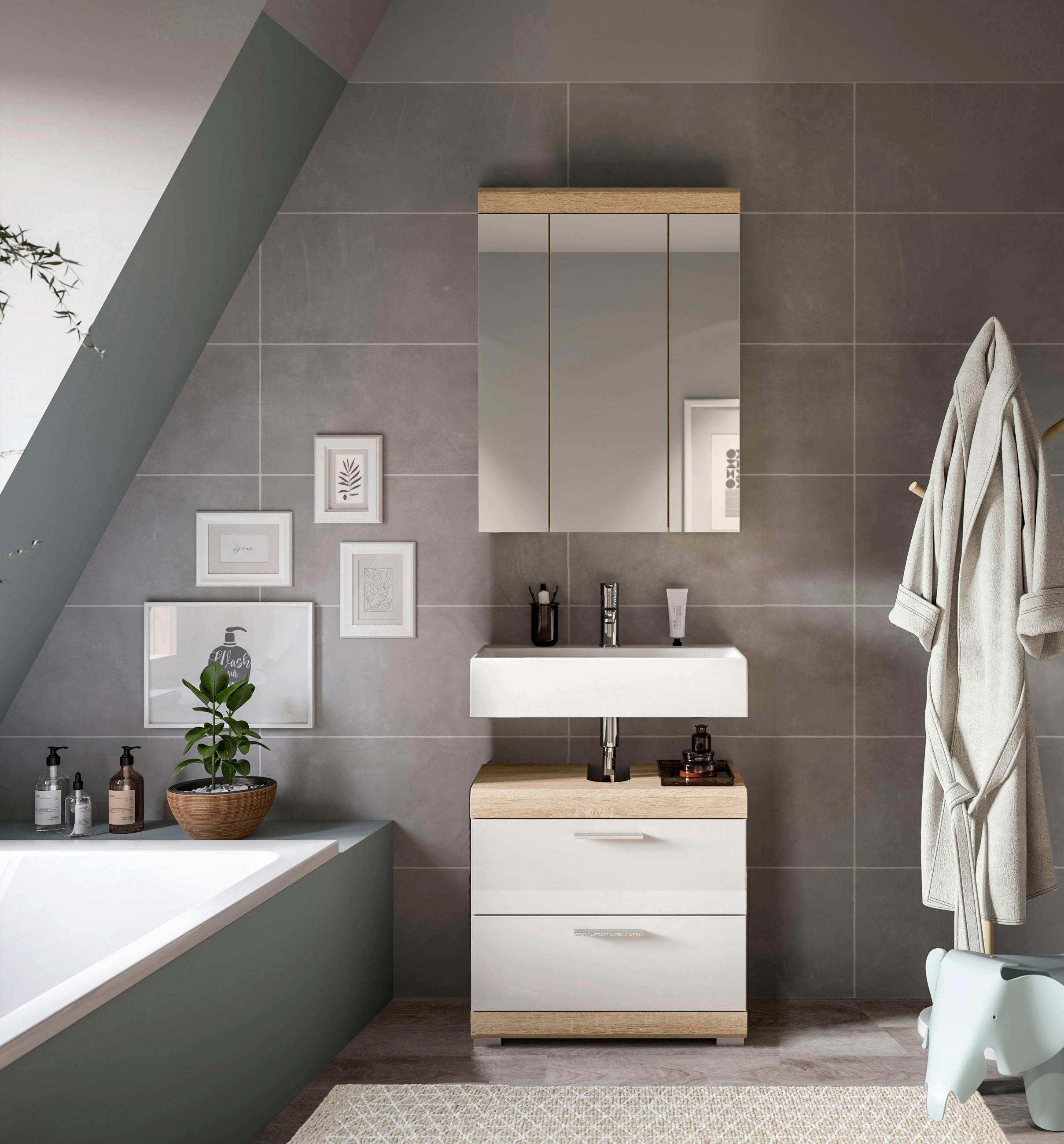 BADEZIMMER 2-teilig in 60 cm - Weiss Hochglanz/Silberfarben, Modern, Holzwerkstoff/Kunststoff (60cm) - MID.YOU