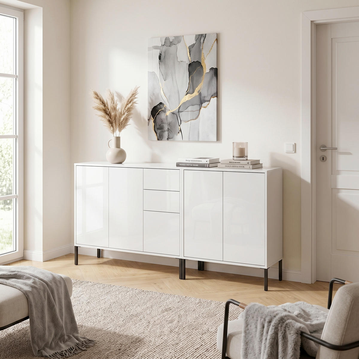 SIDEBOARD Mailand Set 10 + MF 184,5/86/33 cm 2 Schublade(n)  - Weiß Hochglanz/Anthrazit, MODERN, Holzwerkstoff/Metall (184,5/86/33cm) - MID.YOU