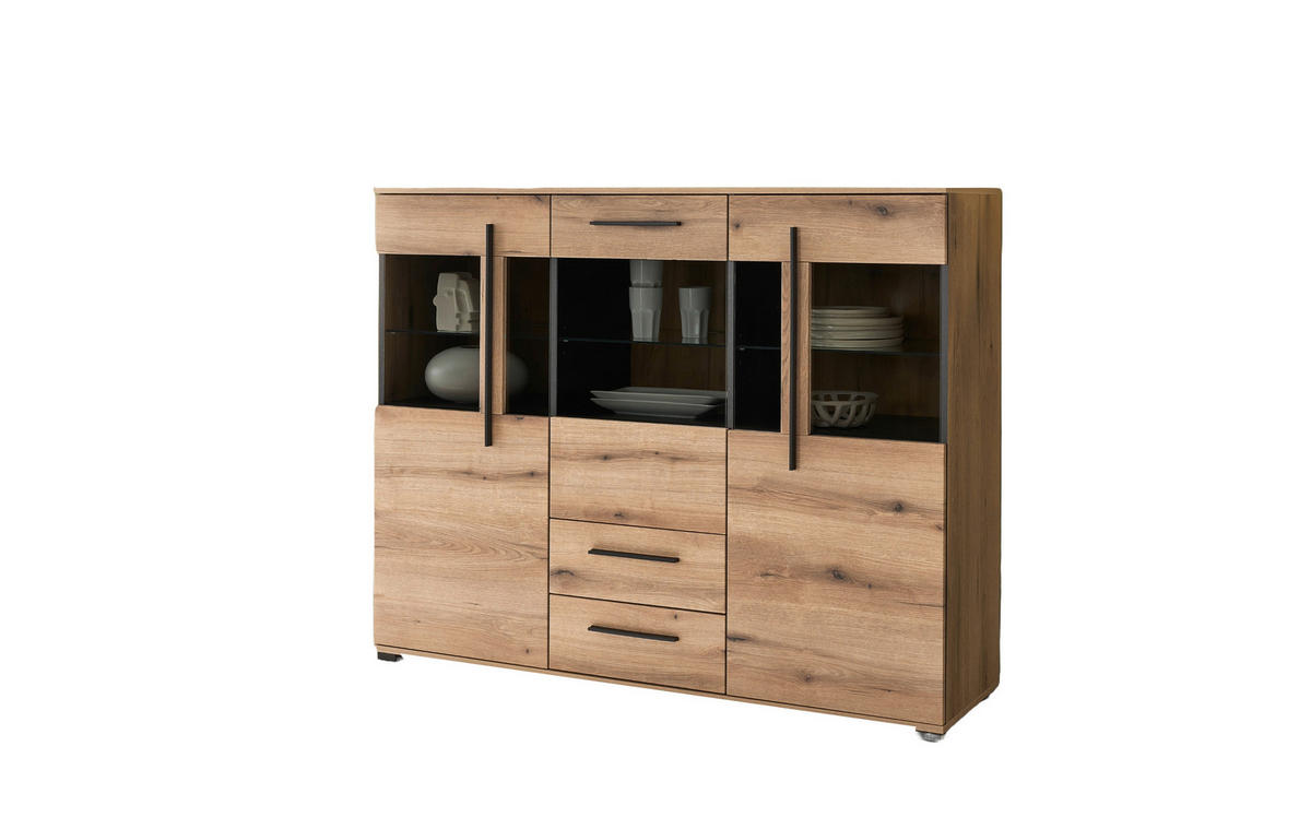 HIGHBOARD  160/126/42 cm 2 Schublade(n)  - Eichefarben/Schwarz, Design, Glas/Holzwerkstoff (160/126/42cm) - Livetastic