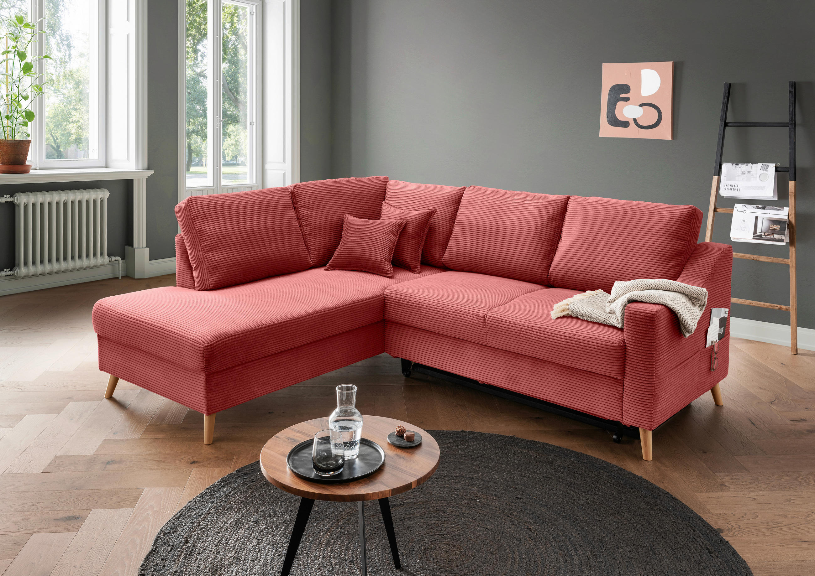 ECKSOFA in Cord Koralle  - Koralle/Naturfarben, Modern, Holz/Textil (200/230cm) - Livetastic