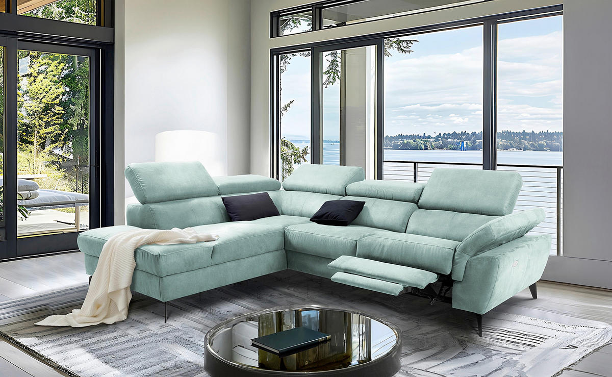 ECKSOFA SONO in Lederlook Hellblau Armteilverstellung, Kopfteilverstellung  210/265 cm  - Schwarz/Hellblau, Design, Textil/Metall (210/265cm) - Livetastic