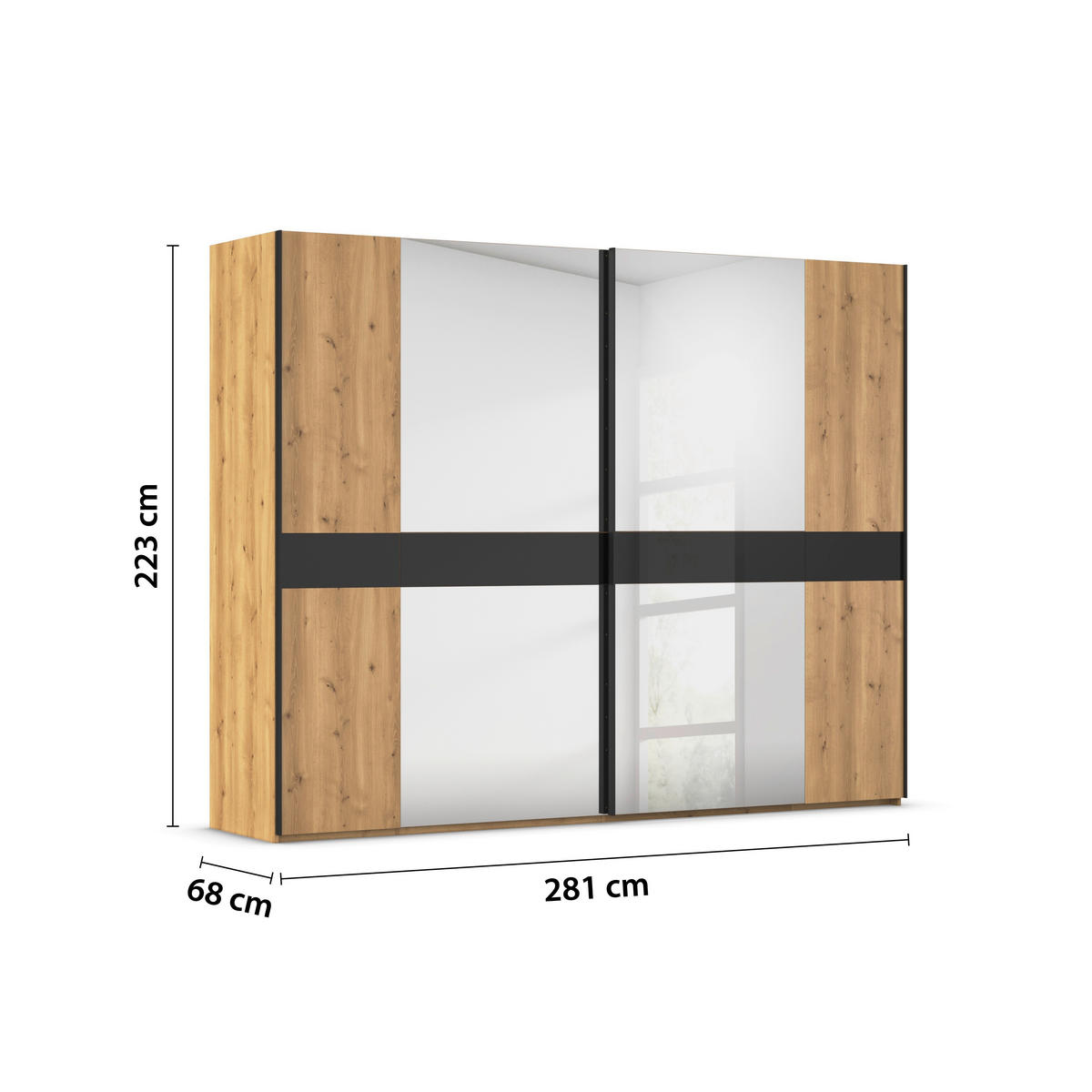 SCHWEBETÜRENSCHRANK in Schwarz, Eichefarben  - Eichefarben/Schwarz, Design, Glas/Holz (281/223/68cm) - Dieter Knoll
