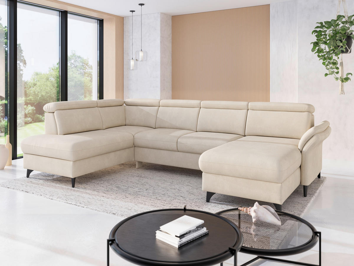 WOHNLANDSCHAFT GLENDALE E Sandfarben Chenille  - Sandfarben/Schwarz, KONVENTIONELL, Textil/Metall (193/321/166cm) - Sit & More