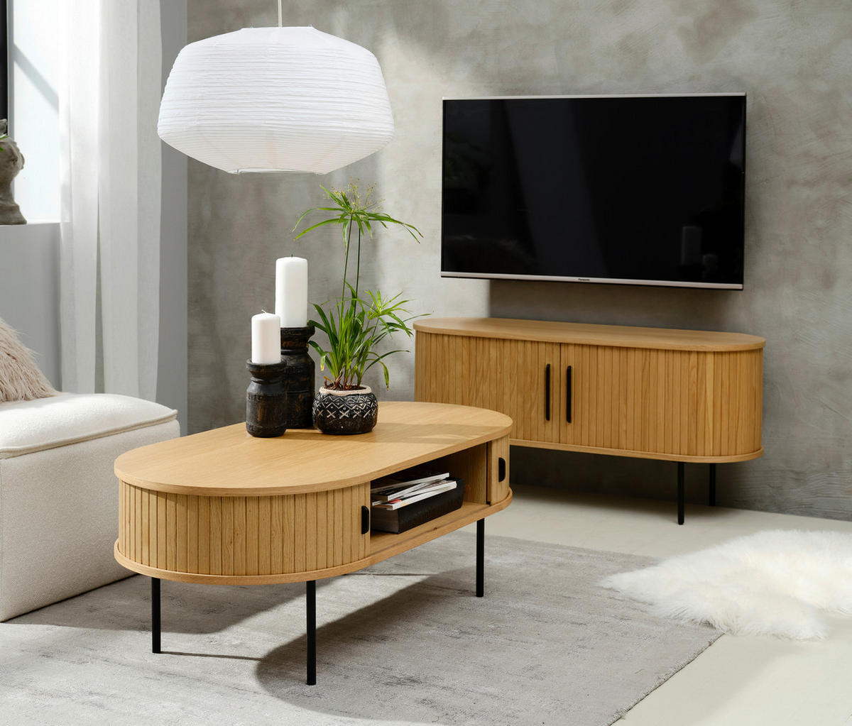 COUCHTISCH furniert 120/60/45 cm oval Eichefarben  - Eichefarben/Schwarz, Trend, Holzwerkstoff/Metall (120/60/45cm) - home24