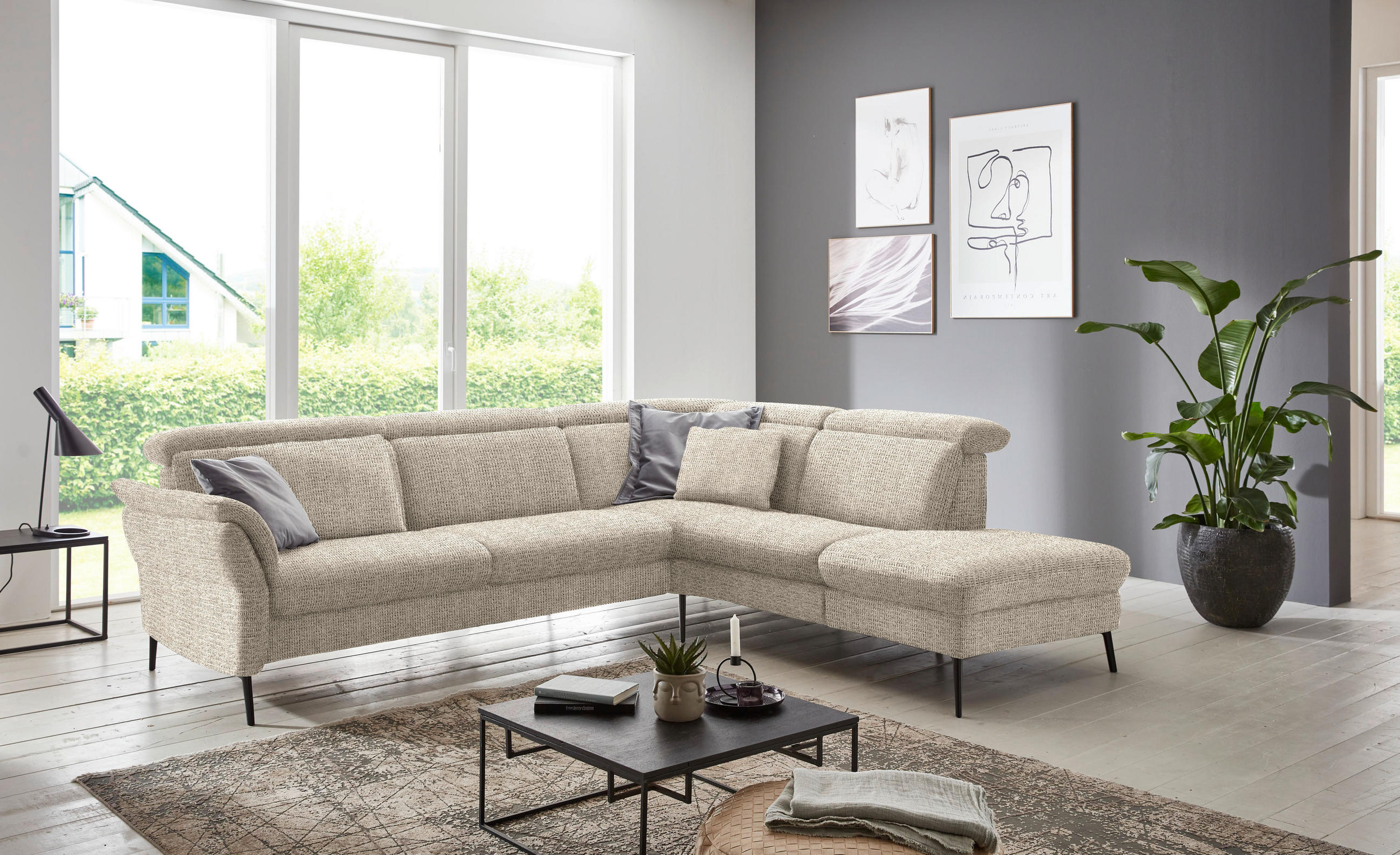 ECKSOFA in Struktur Beige  275/235 cm  - Beige/Schwarz, MODERN, Textil/Metall (275/235cm) - Cantus