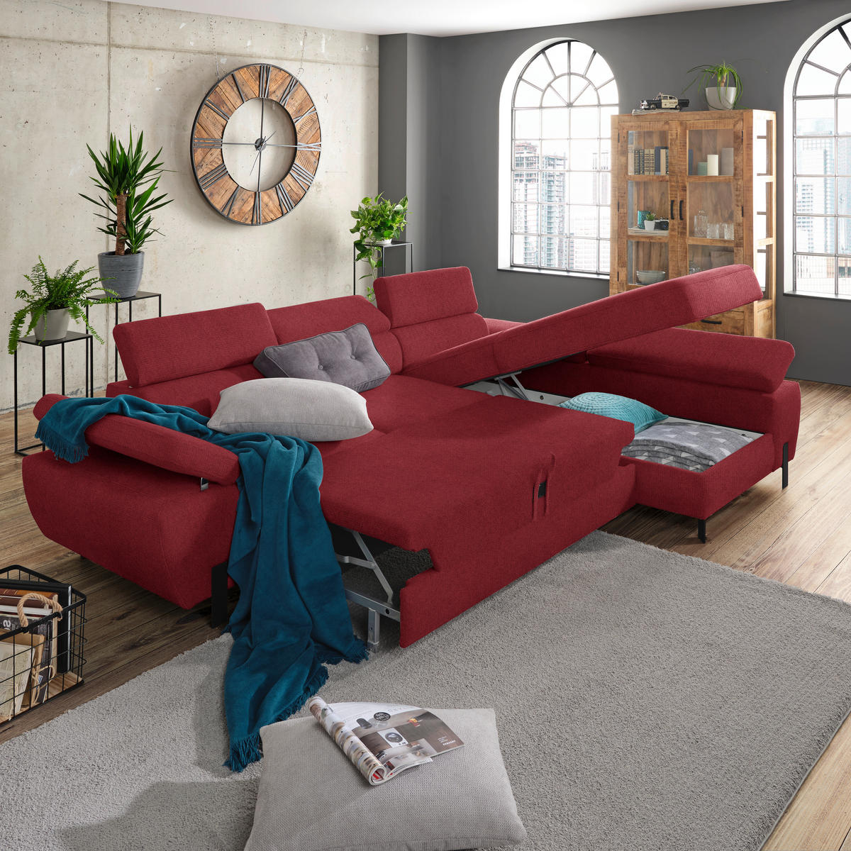 HÖRNSOFFA i vävt tyg vinröd  - vinröd/svart, Modern, metall/trämaterial (277/90/189cm) - MID.YOU